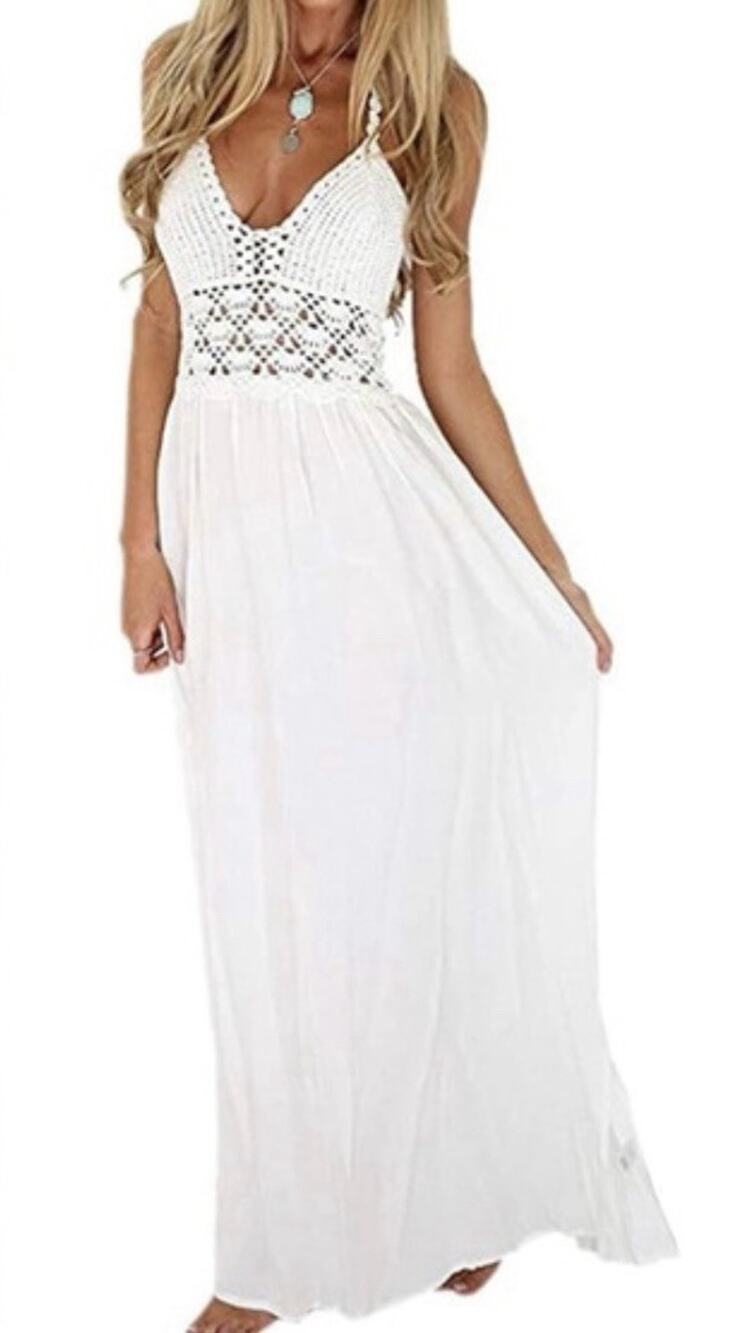 Lilbetter White Crochet Lace Halter Y2K preppy Maxi Beach Dress S A006764